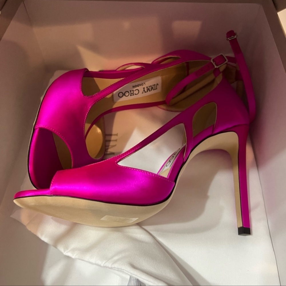 Jimmy Choo Liu 100 Satin Heeled Sandals Fuchsia Heels - Picture 7 of 8
